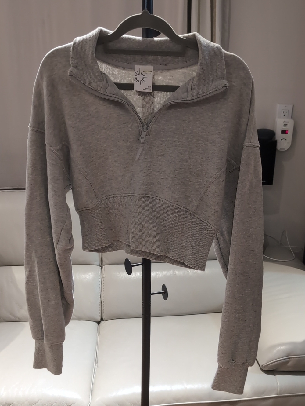 aerie Light Gray Cropped Quarter-Zip Pullover